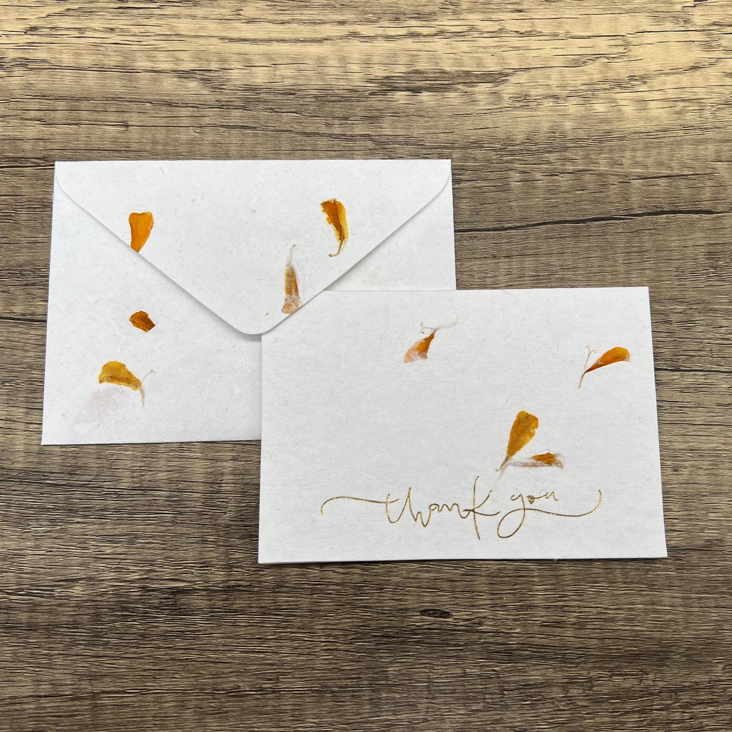 12 Piece Handmade Flower Petal Cotton Paper Thank You Card Set - Gold Embossed, RSVP Size, Variety Pack
