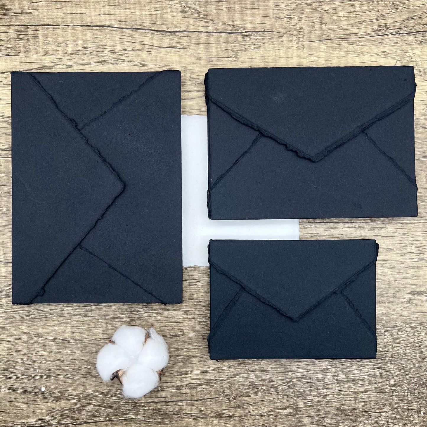 Black Wedding Invitation Set 20pcs - Handmade Cotton Paper & Envelopes, Deckle Edge, RSVP Cards, Save the Dates