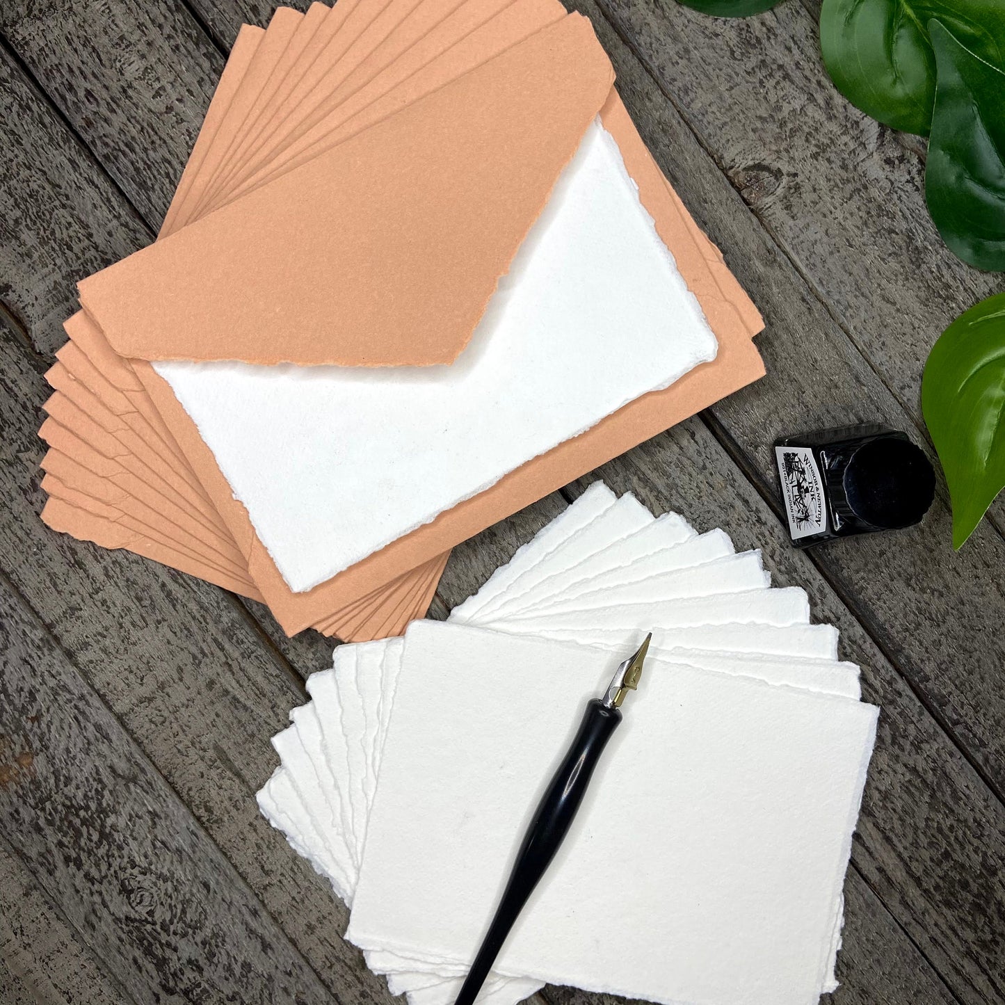 Coral Peach Stationery Set 20pcs - Handmade Cotton Paper & Envelopes, Deckle Edge, Calligraphy, Thank You Cards, RSVP, Letter Writing