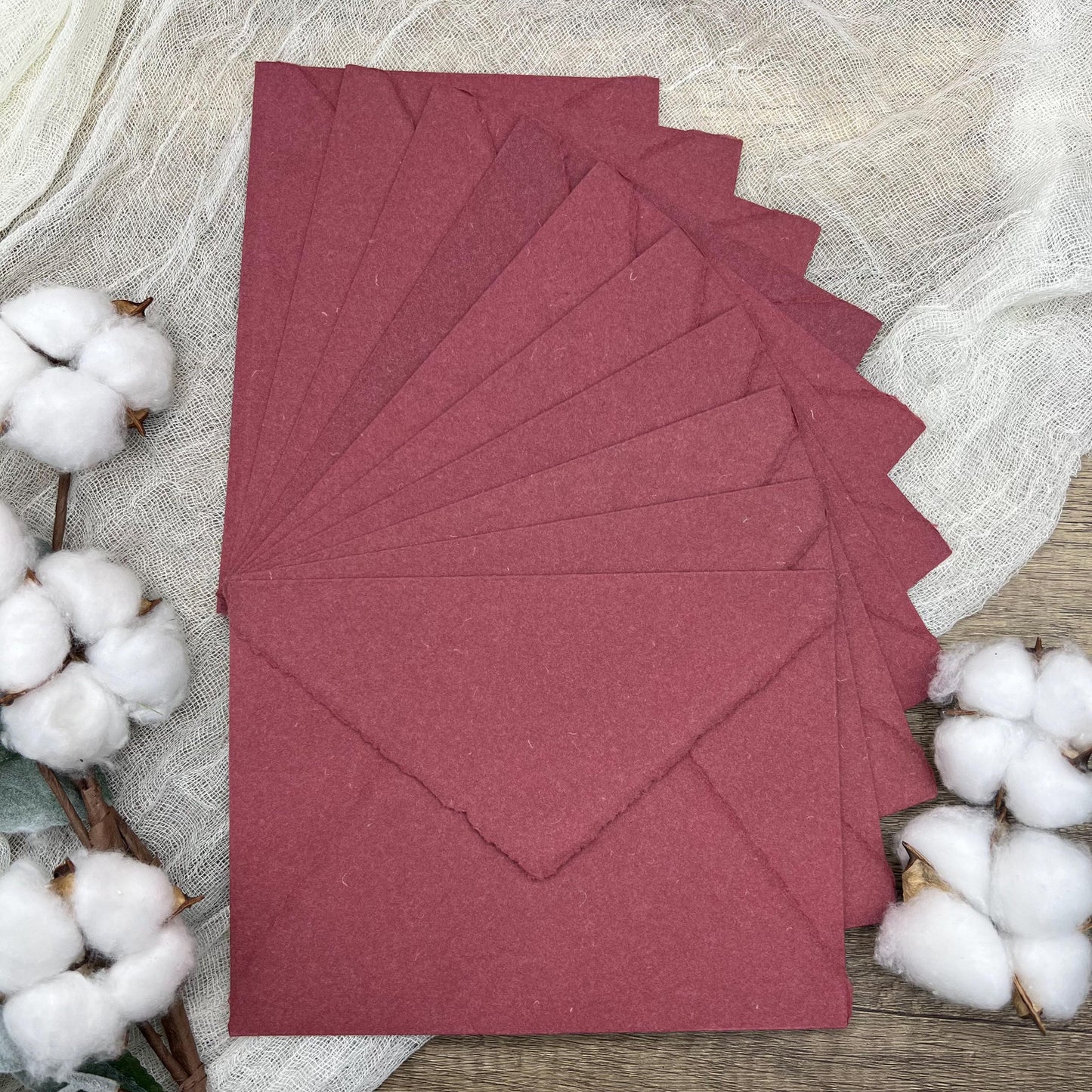 10 Wine Red Handmade Cotton Deckle Edge Envelopes | Cotton Rag Paper | Torn Edge Stationery for Invitations, Announcements, Wedding, RSVP