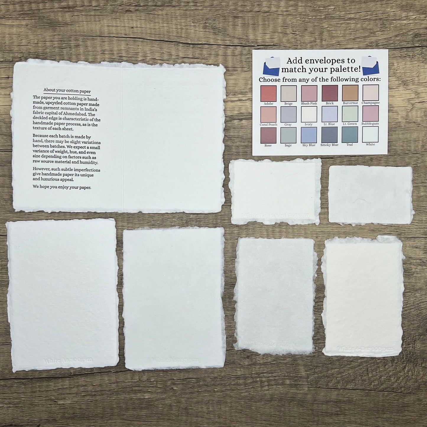Handmade Cotton Paper Sampler - White or Ivory, Deckle Edge, Various Sizes & Weights