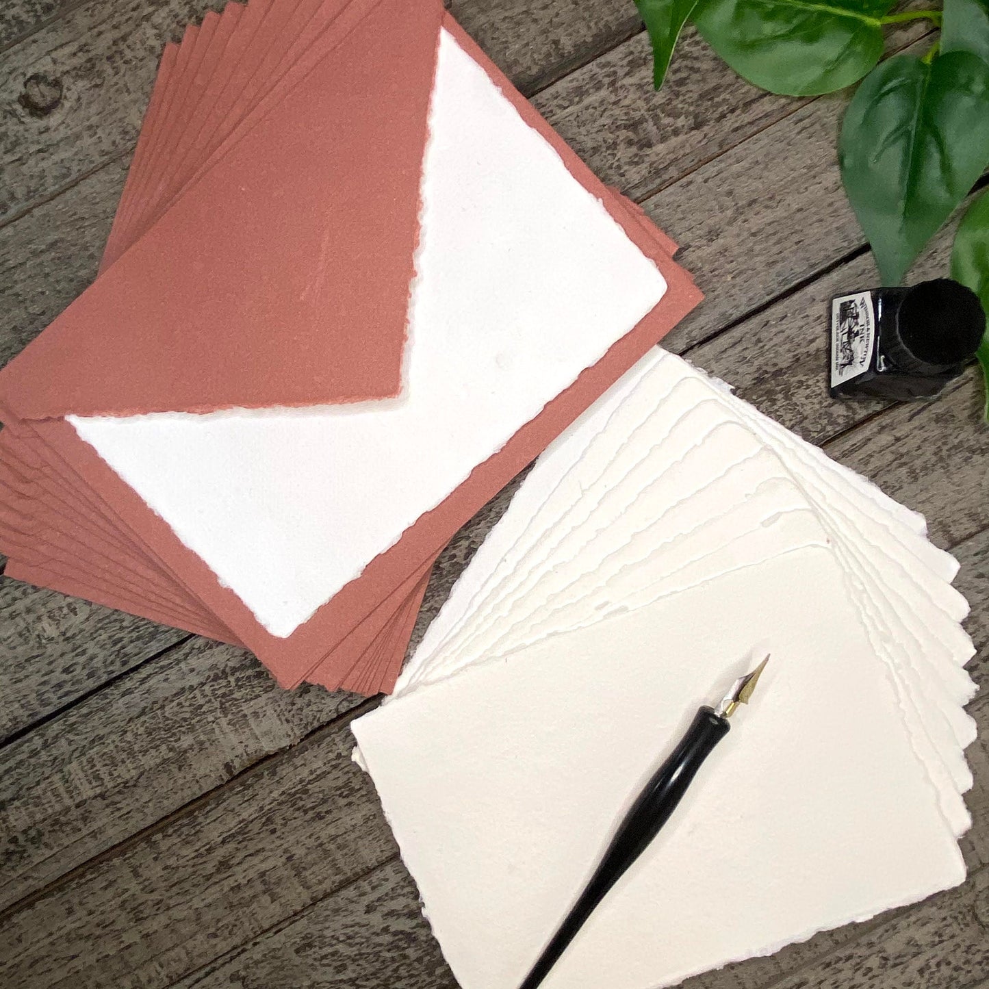 Brick Red Wedding Invitation Set 20pcs - Handmade Cotton Paper & Envelopes, Deckle Edge, RSVP Cards, Save the Dates