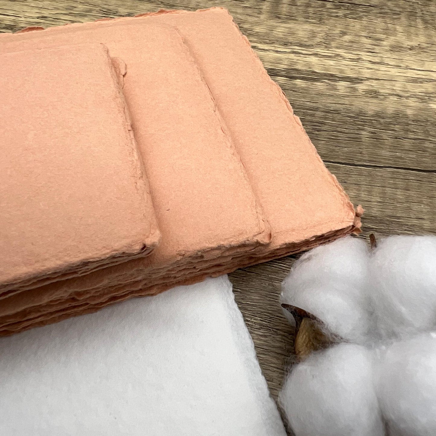 Coral Peach Handmade Cotton Paper | Deckle Edge Paper 10 Sheets | 300gsm | Wedding, Art, Stationery | Torn Edge Paper | Cotton Rag