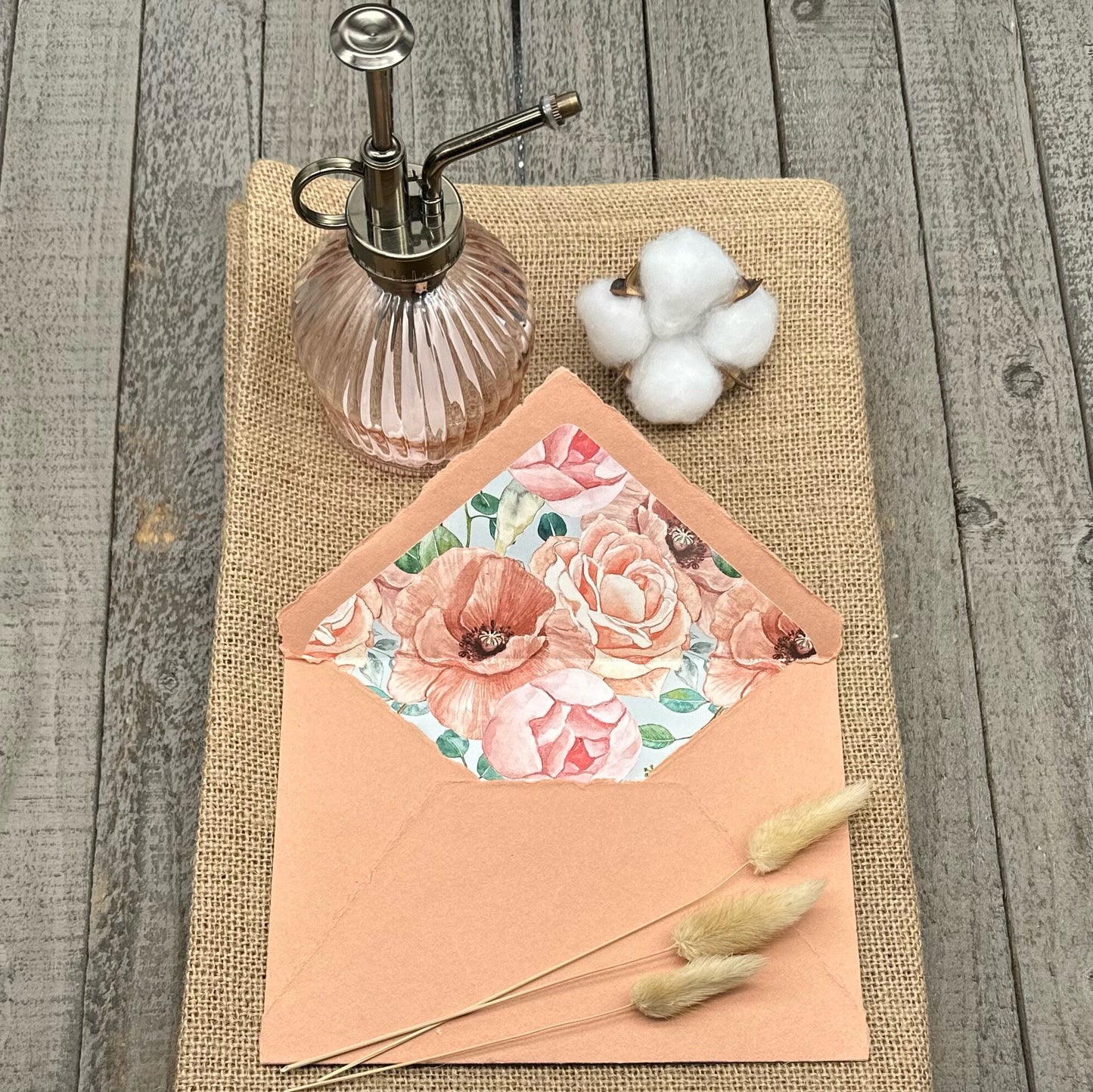 Coral Peach Wedding Invitation Set 20pcs - Handmade Cotton Paper & Envelopes, Deckle Edge, RSVP Cards, Save the Dates