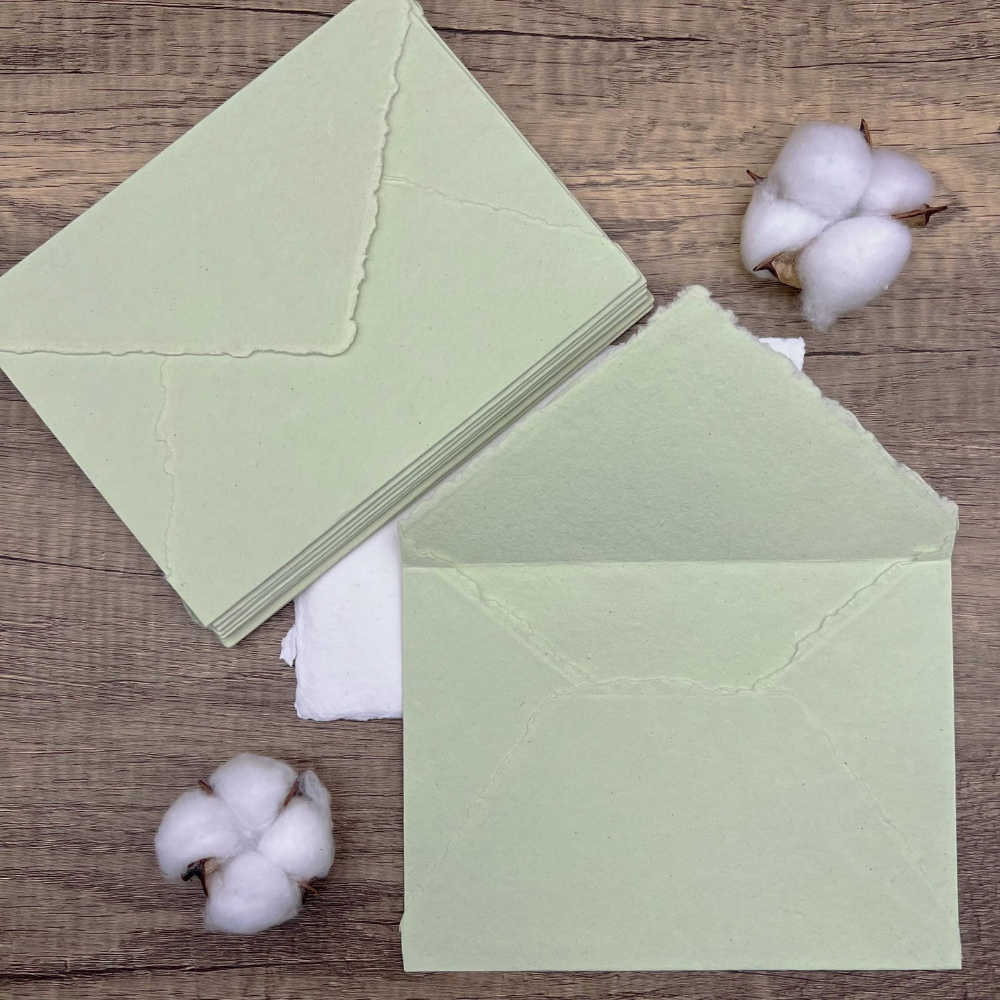 10 Light Green Handmade Cotton Deckle Edge Envelopes | Cotton Rag Paper | Torn Edge Stationery for Invitations, Announcements, Wedding, RSVP