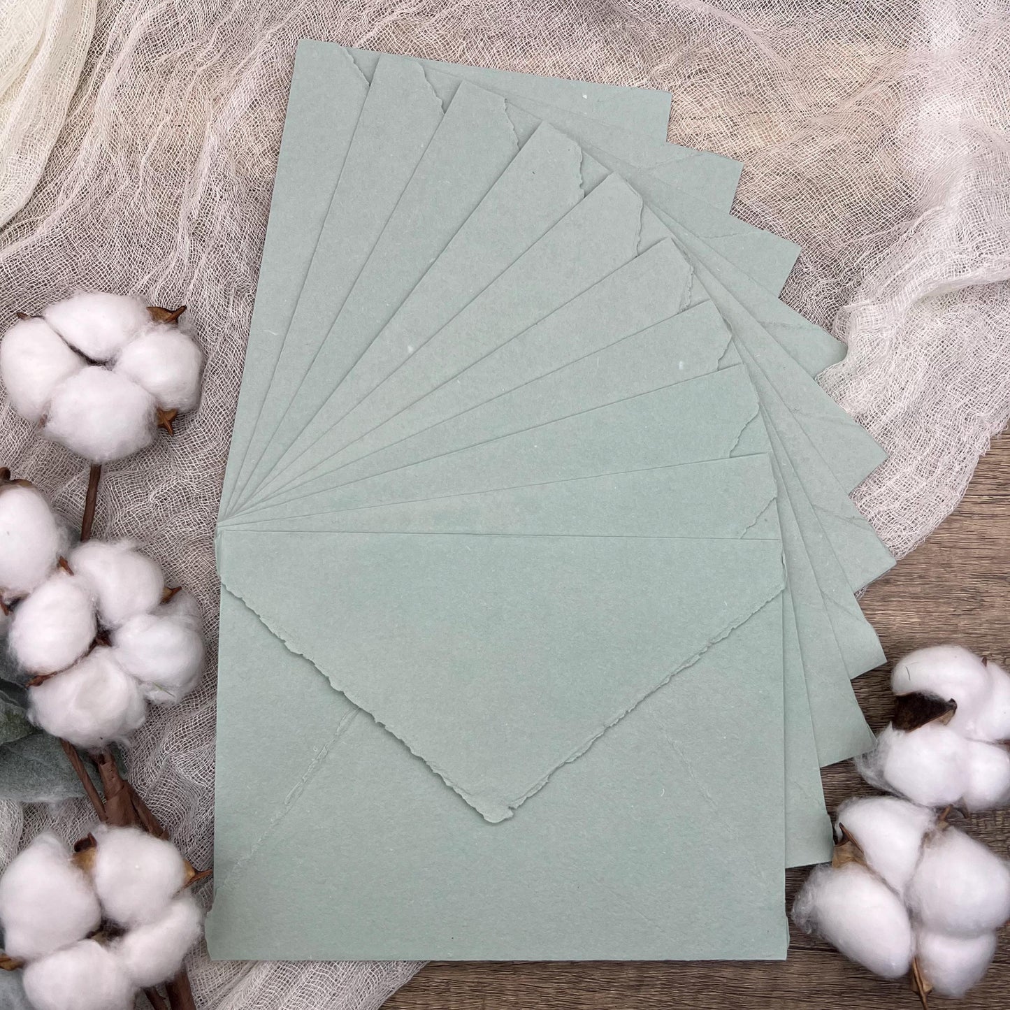 10 Light Sage Handmade Cotton Deckle Edge Envelopes | Cotton Rag Paper | Torn Edge Stationery for Invitations, Announcements, Wedding, RSVP