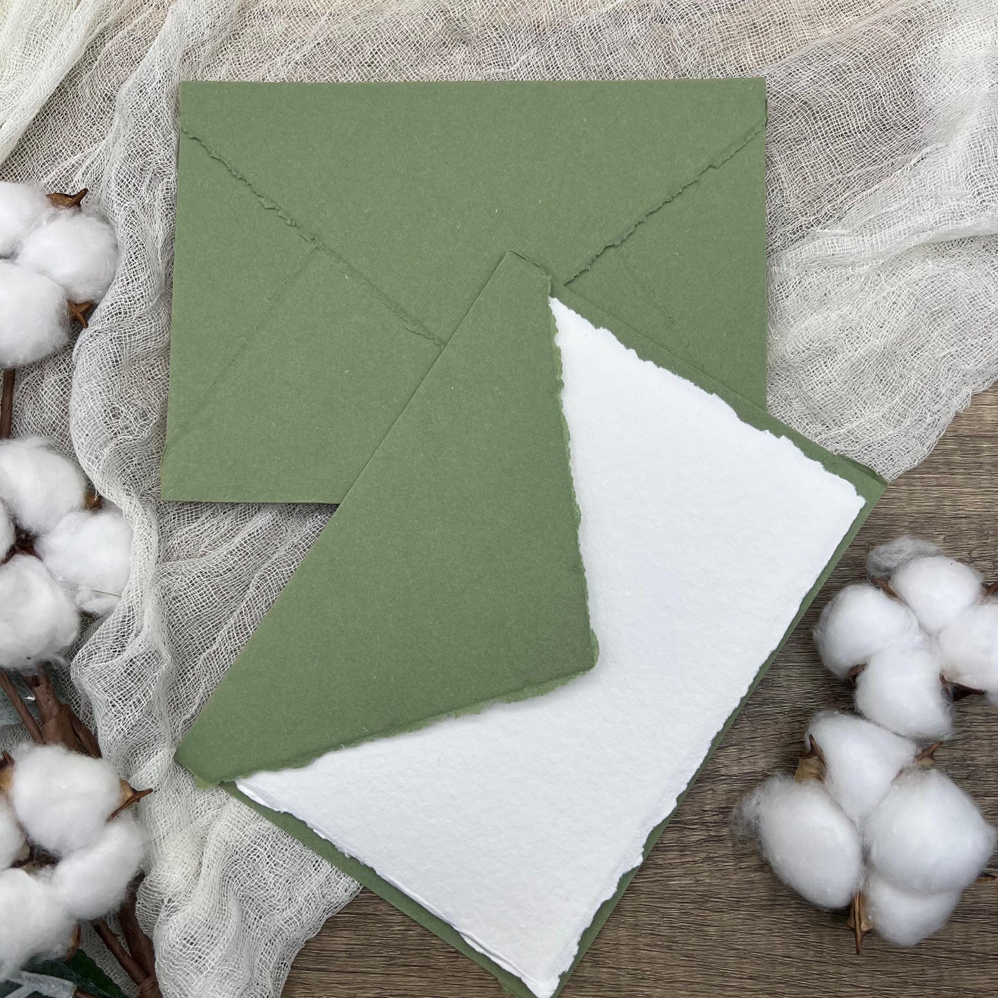 Desert Sage Green Stationery Set 20pcs - Handmade Cotton Paper & Envelopes, Deckle Edge, Calligraphy, Thank You Cards, RSVP, Letter Writing