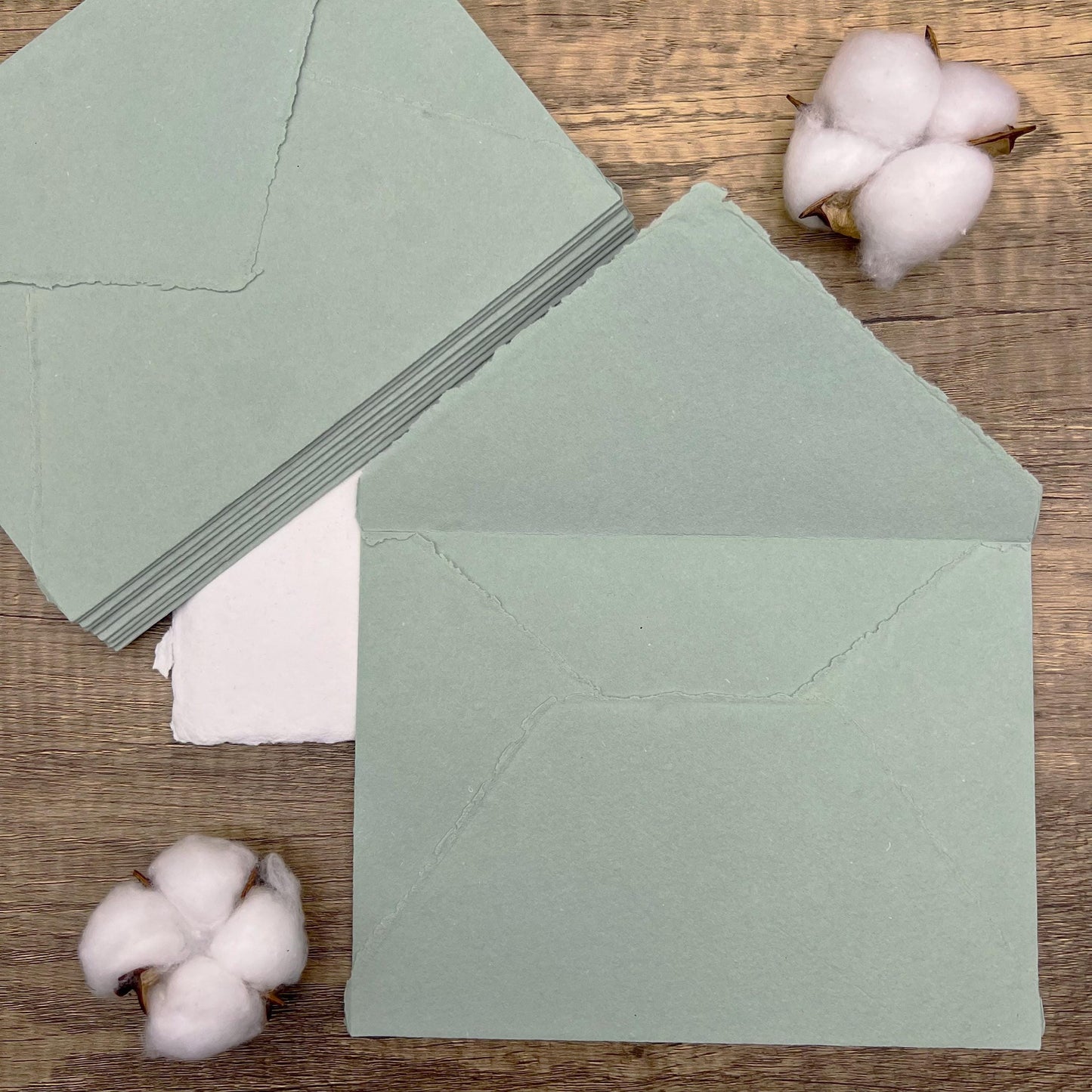 10 Light Sage Handmade Cotton Deckle Edge Envelopes | Cotton Rag Paper | Torn Edge Stationery for Invitations, Announcements, Wedding, RSVP