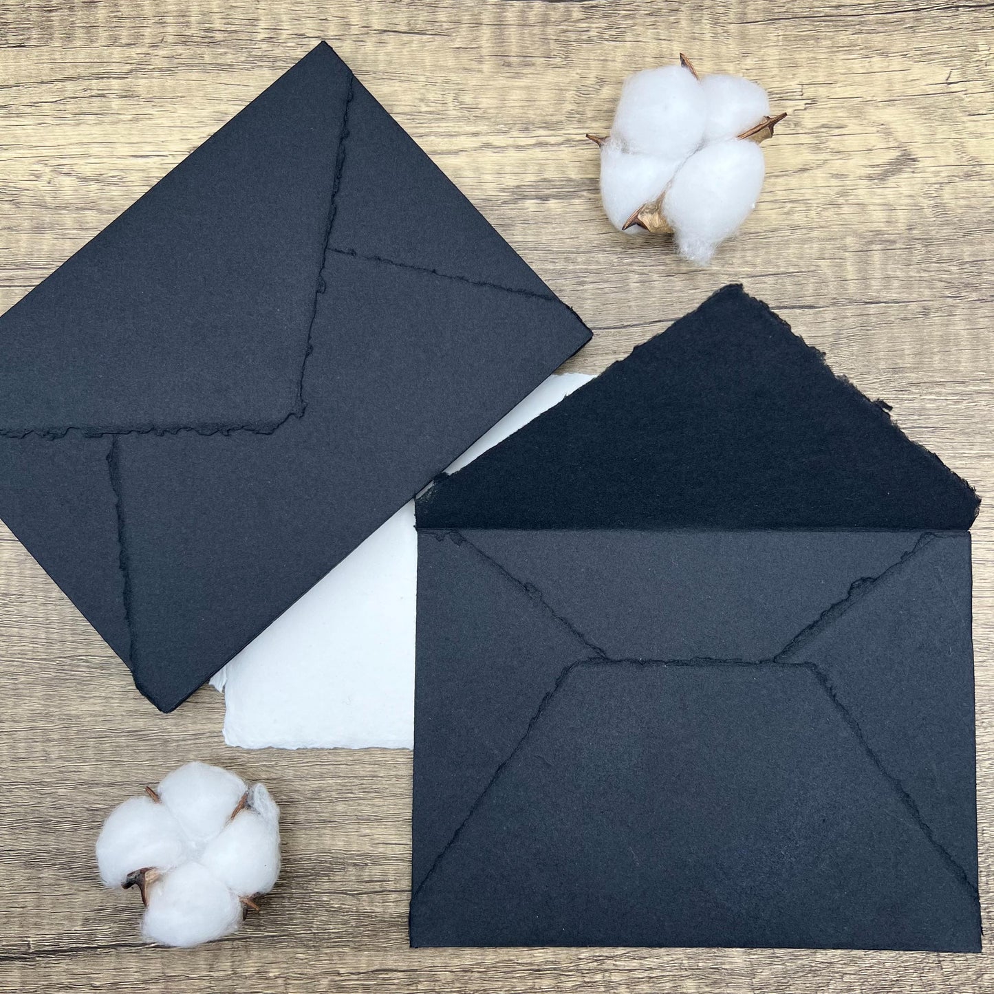 Black Wedding Invitation Set 20pcs - Handmade Cotton Paper & Envelopes, Deckle Edge, RSVP Cards, Save the Dates