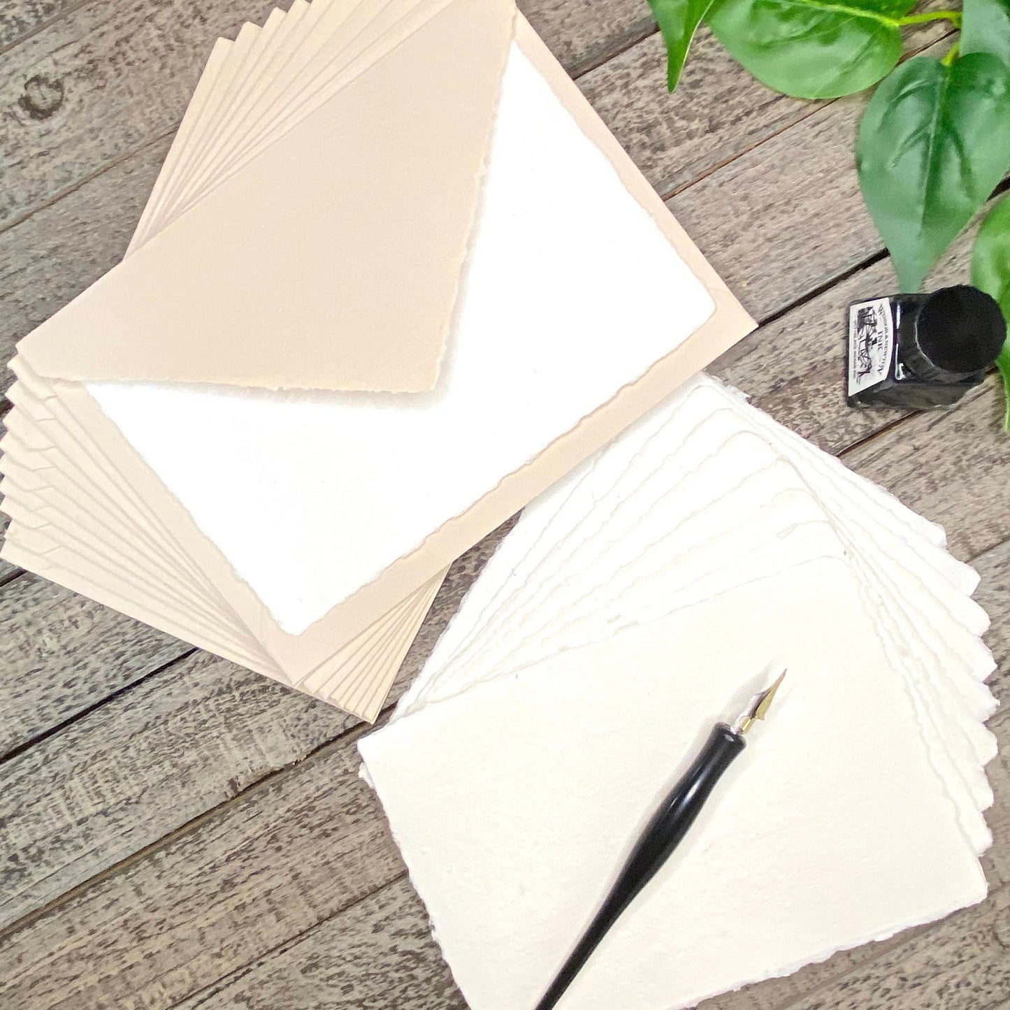 Beige Stationery Set 20pcs - Handmade Cotton Paper & Envelopes, Deckle Edge, Calligraphy, Thank You Cards, RSVP, Letter Writing