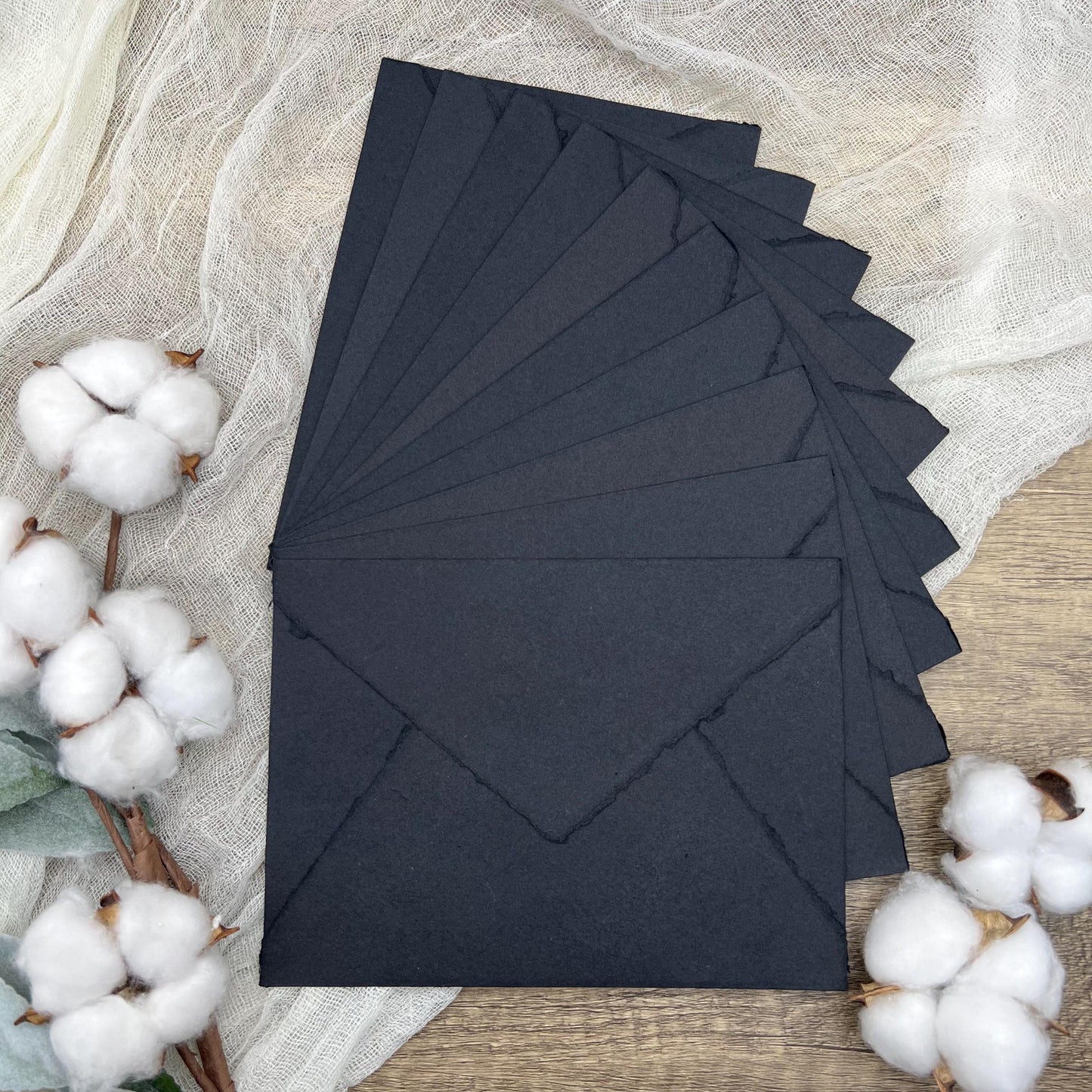 Black Wedding Invitation Set 20pcs - Handmade Cotton Paper & Envelopes, Deckle Edge, RSVP Cards, Save the Dates
