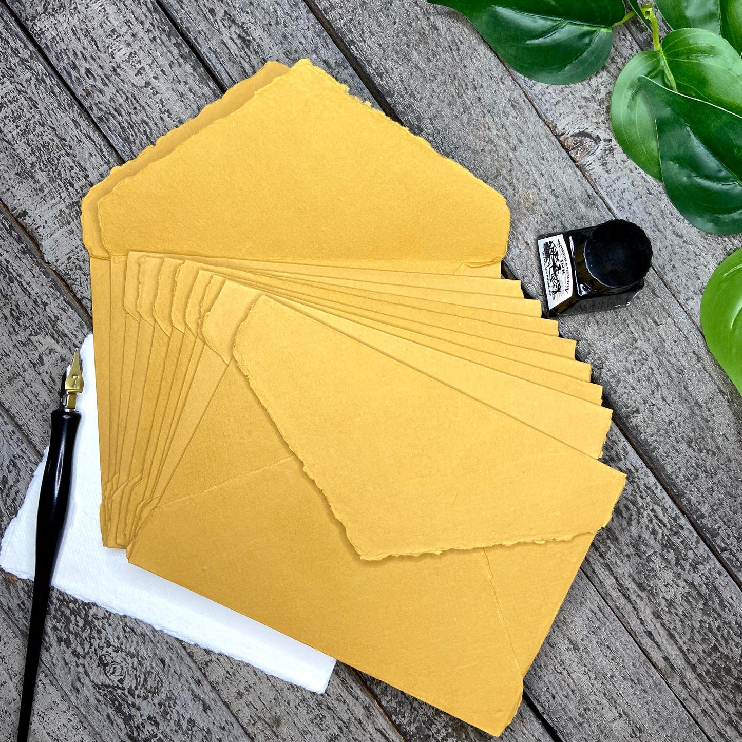 Honey Gold Wedding Invitation Set 20pcs - Handmade Cotton Paper & Envelopes, Deckle Edge, RSVP Cards, Save the Dates