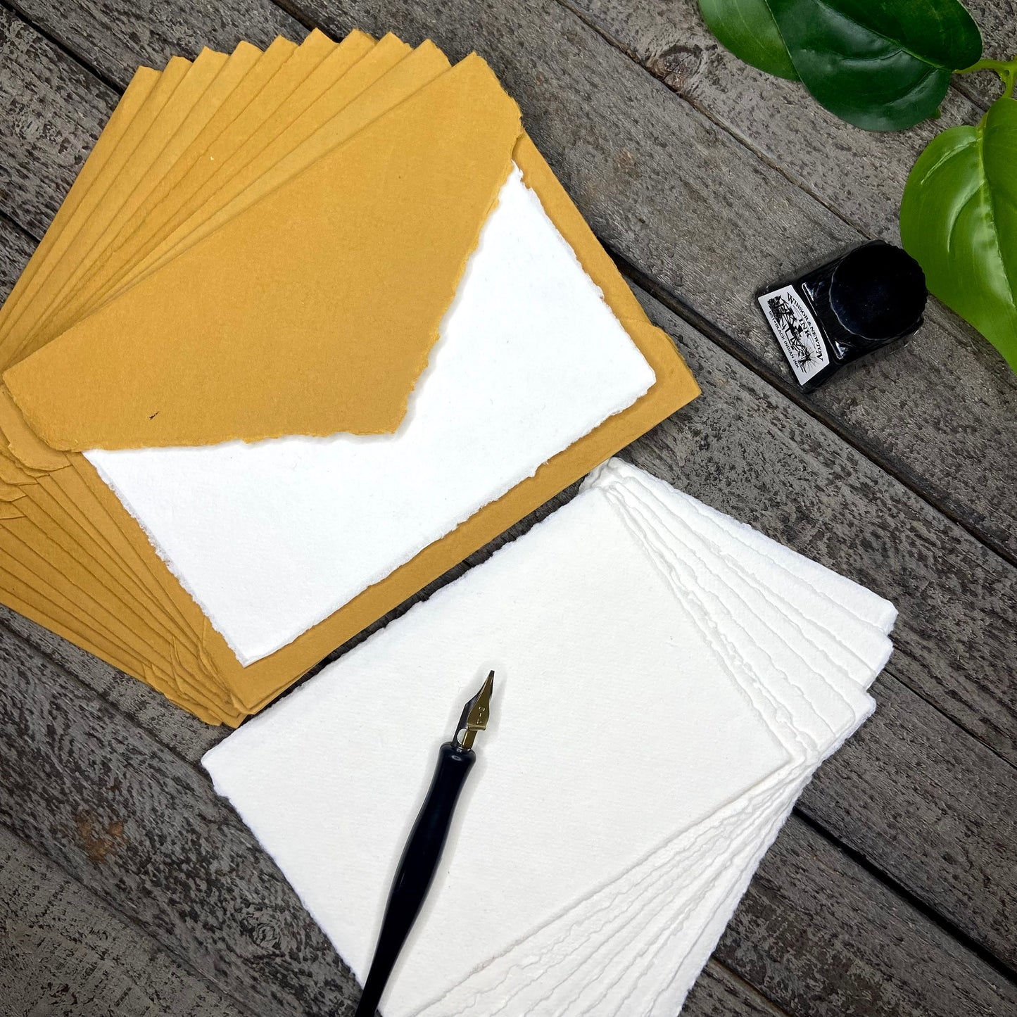 Honey Gold Wedding Invitation Set 20pcs - Handmade Cotton Paper & Envelopes, Deckle Edge, RSVP Cards, Save the Dates