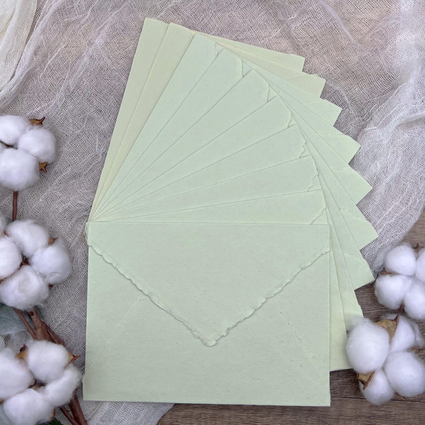 10 Light Green Handmade Cotton Deckle Edge Envelopes | Cotton Rag Paper | Torn Edge Stationery for Invitations, Announcements, Wedding, RSVP