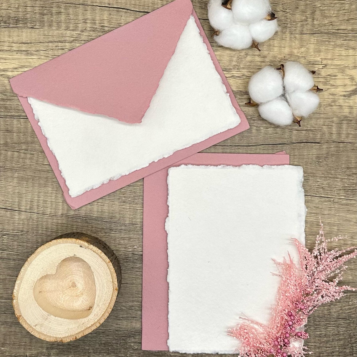 Dusty Rose Wedding Invitation Set 20pcs - Handmade Cotton Paper & Envelopes, Deckle Edge, RSVP Cards, Save the Dates