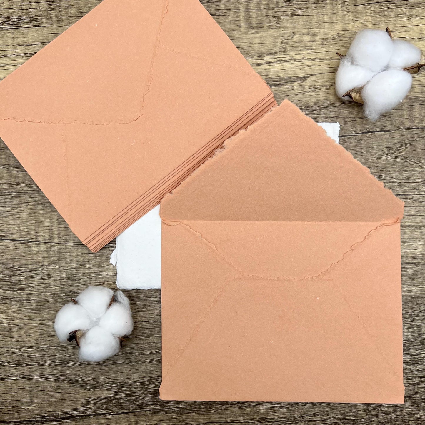 10 Coral Peach Handmade Cotton Deckle Edge Envelopes | Cotton Rag Paper | Torn Edge Stationery for Invitations, Announcements, Wedding, RSVP