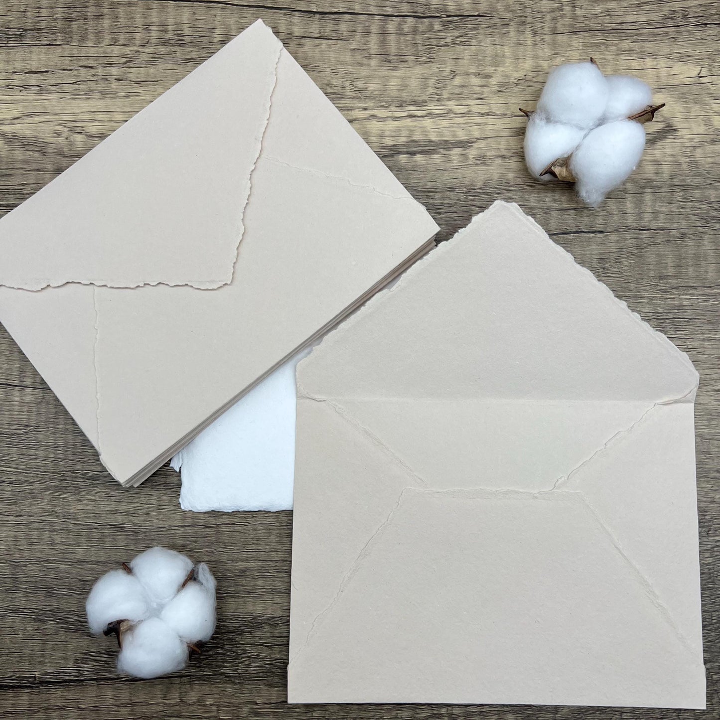 10 Beige Handmade Cotton Deckle Edge Envelopes | Cotton Rag Paper | Torn Edge Stationery for Invitations, Announcements, Wedding, RSVP