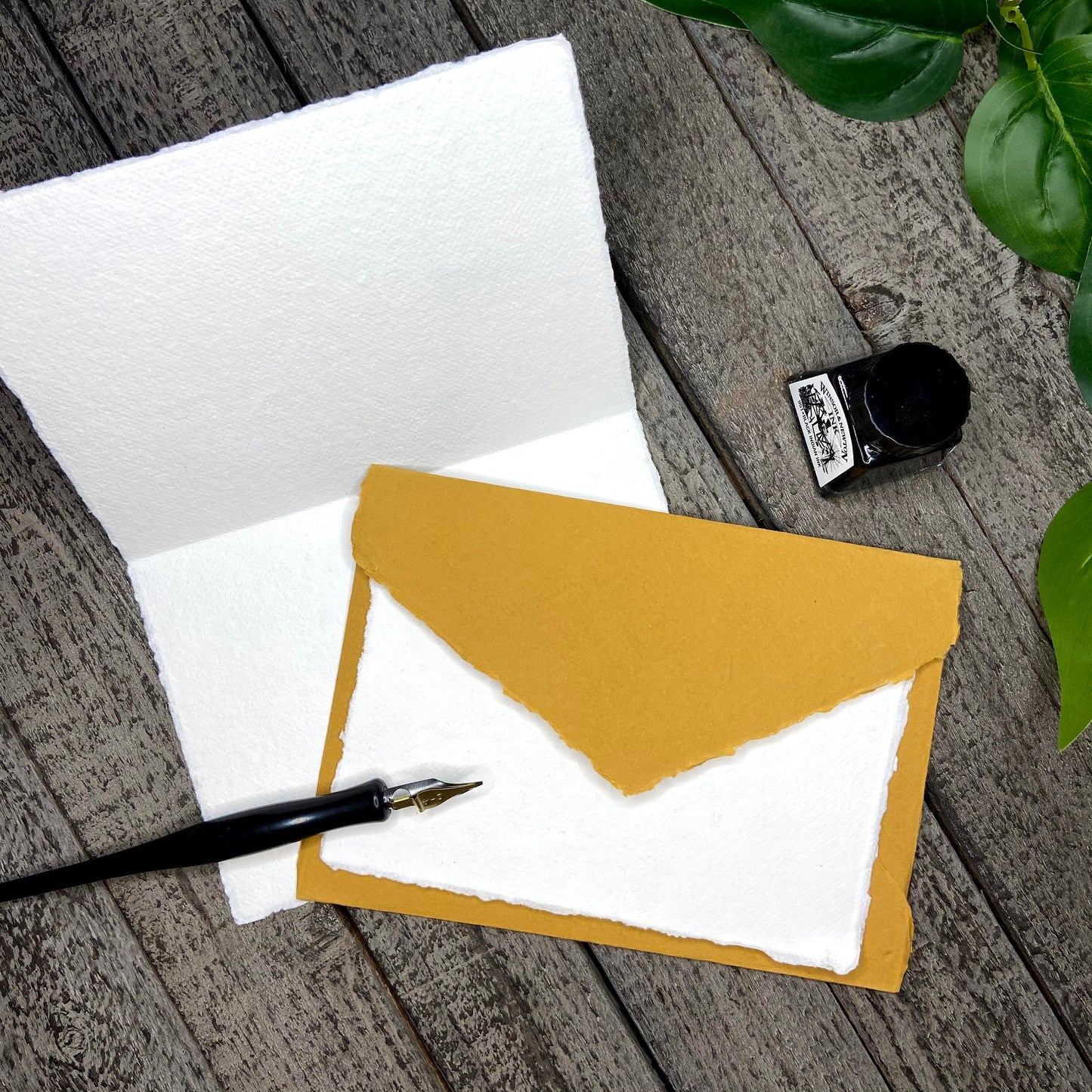 Honey Gold Wedding Invitation Set 20pcs - Handmade Cotton Paper & Envelopes, Deckle Edge, RSVP Cards, Save the Dates