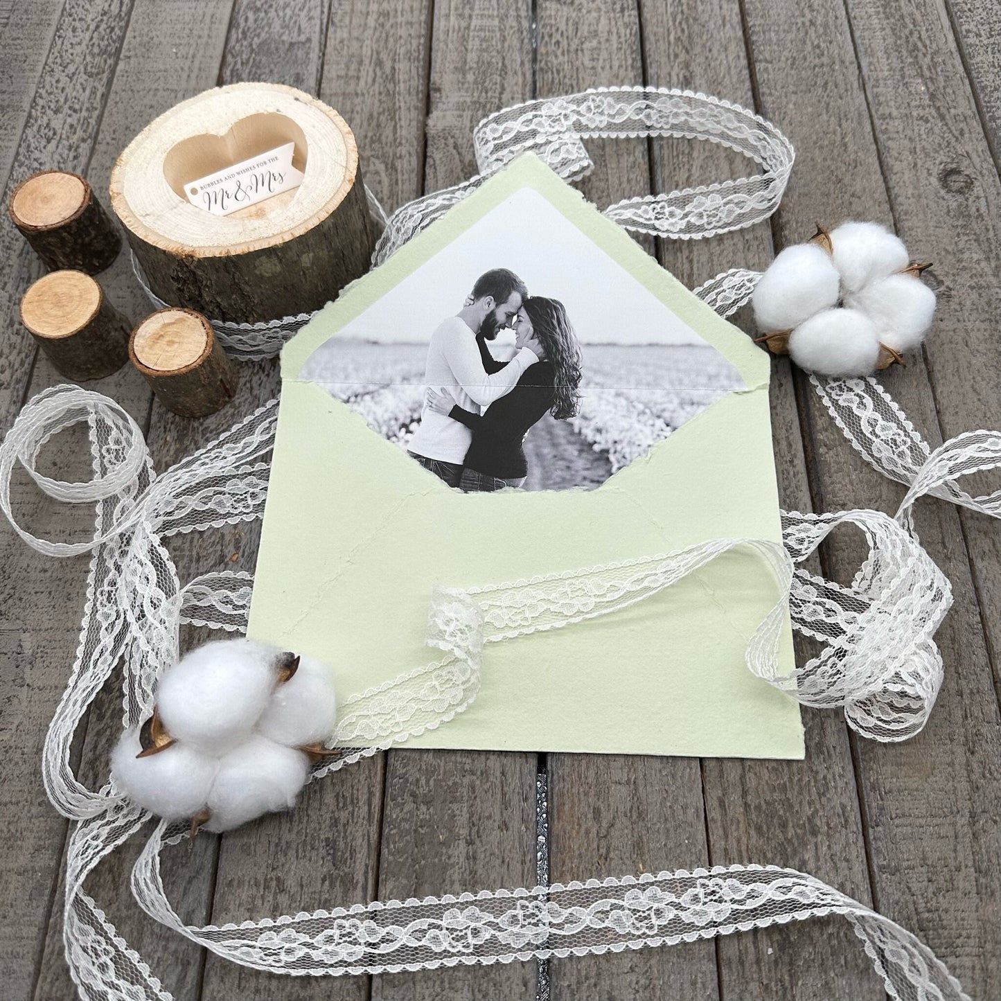 Light Green/Honeydew Wedding Invitation Set 20pcs - Handmade Cotton Paper & Envelopes, Deckle Edge, RSVP Cards, Save the Dates