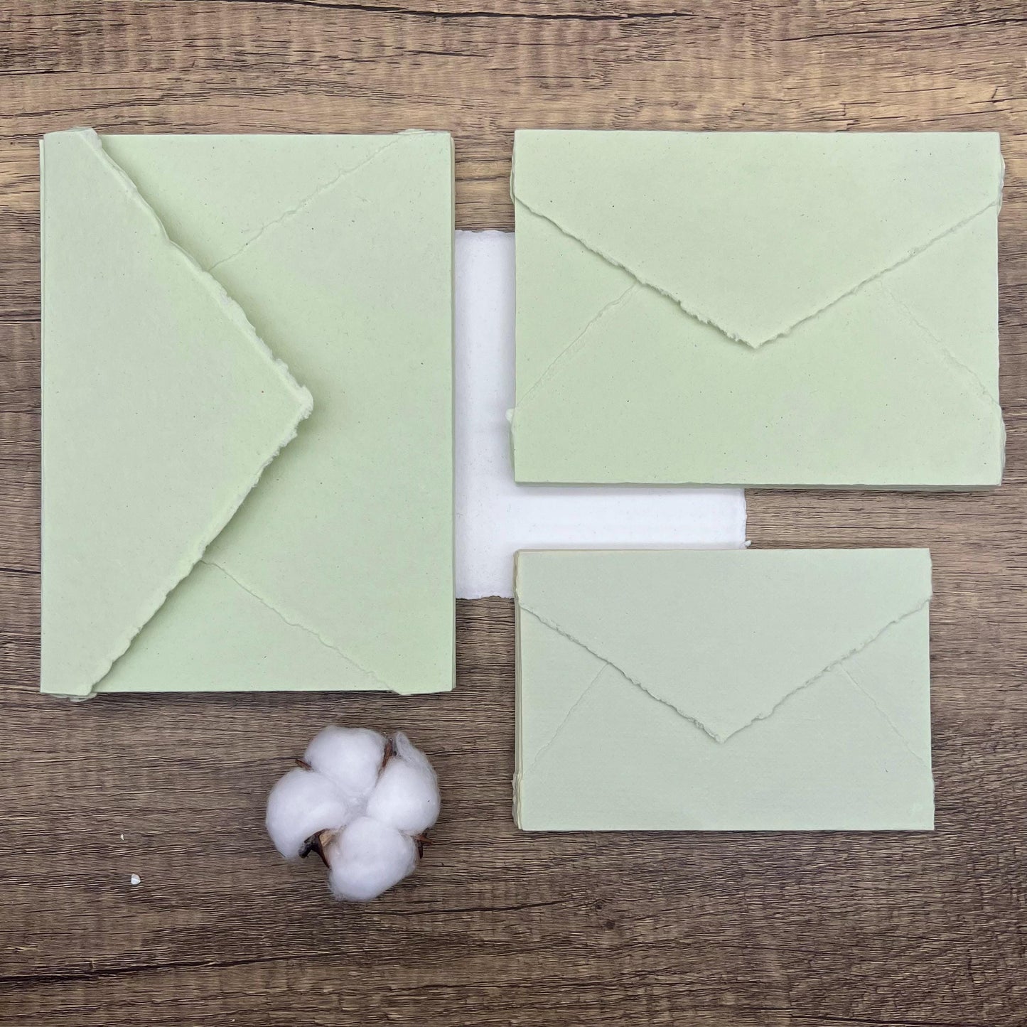 10 Light Green Handmade Cotton Deckle Edge Envelopes | Cotton Rag Paper | Torn Edge Stationery for Invitations, Announcements, Wedding, RSVP