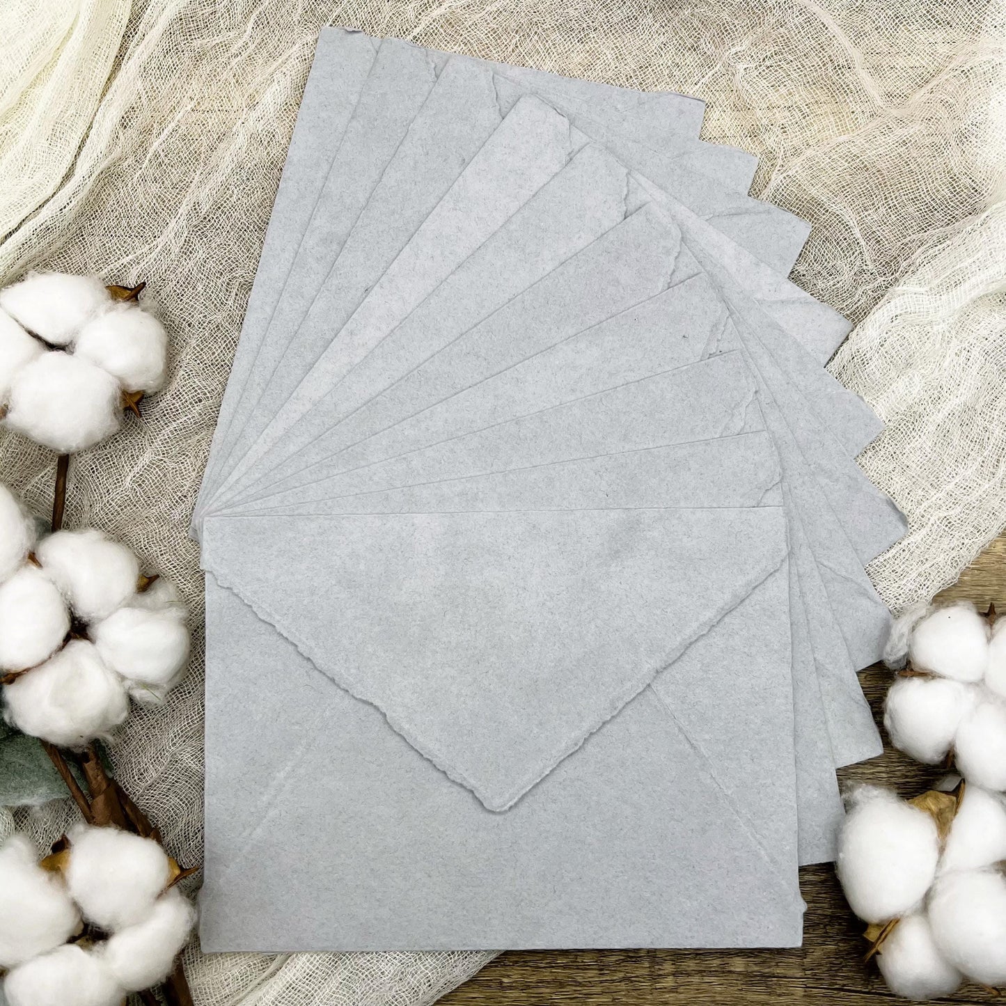 10 Silver Gray Handmade Cotton Deckle Edge Envelopes | Cotton Rag Paper | Torn Edge Stationery for Invitations, Announcements, Wedding, RSVP
