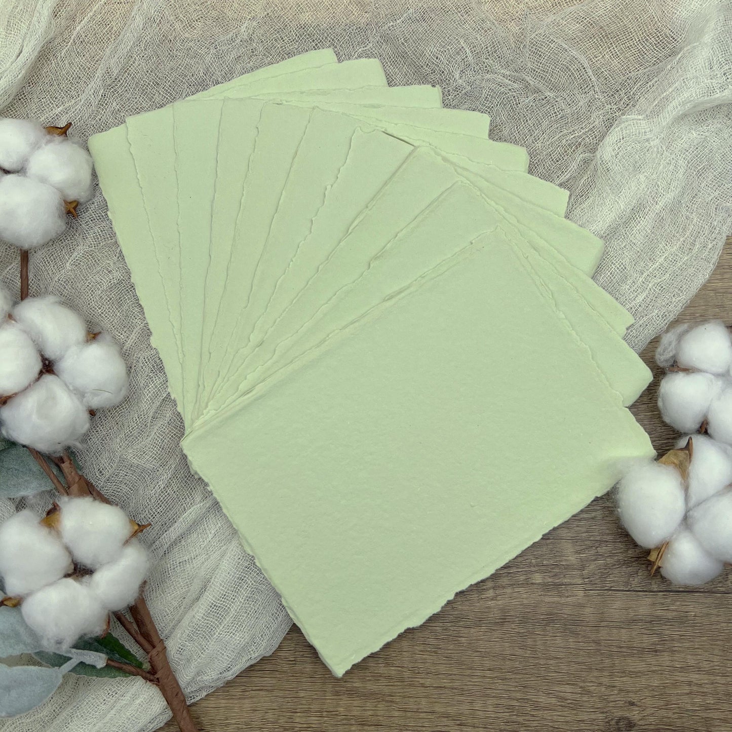 Light Green Handmade Cotton Paper | Deckle Edge Paper 10 Sheets | 300gsm | Wedding, Art, Stationery | Torn Edge Paper | Cotton Rag