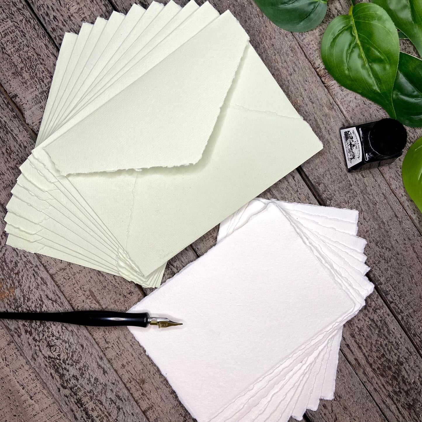 Light Green/Honeydew Wedding Invitation Set 20pcs - Handmade Cotton Paper & Envelopes, Deckle Edge, RSVP Cards, Save the Dates