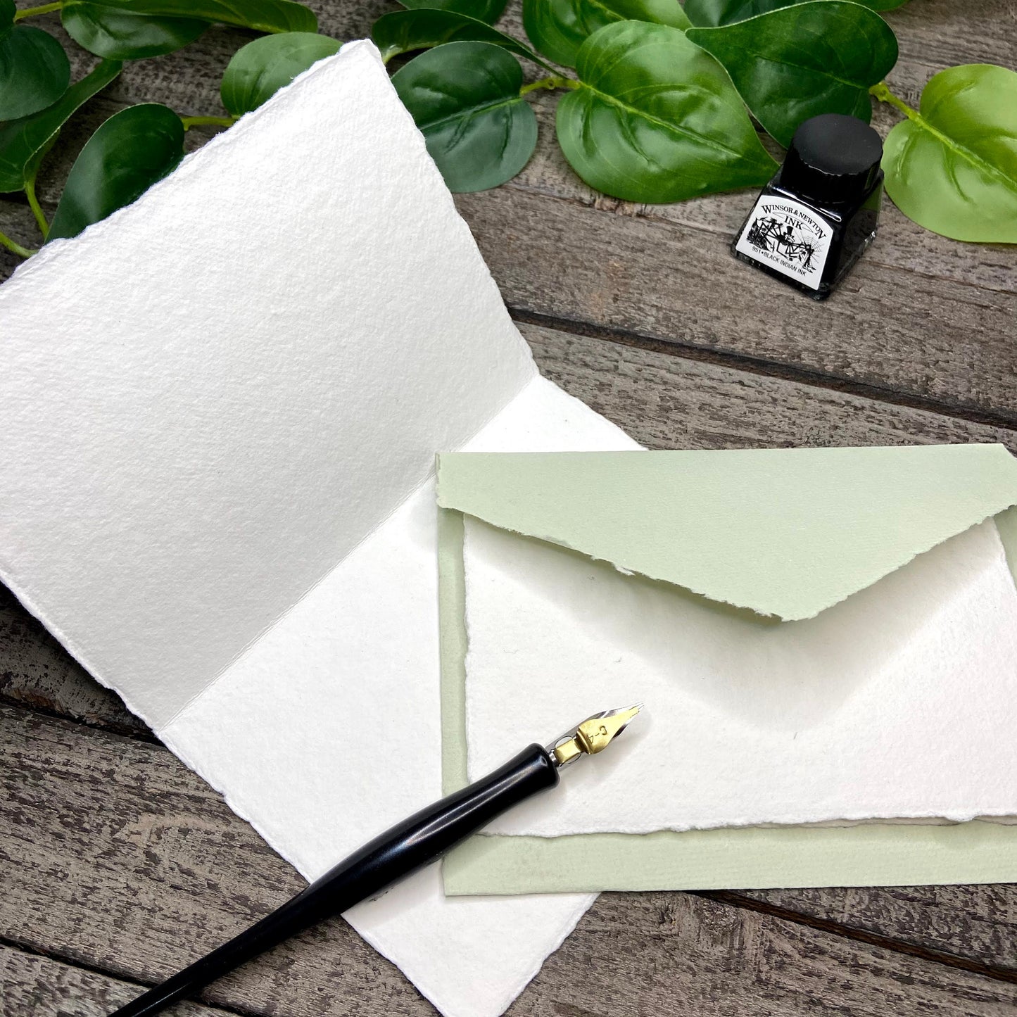 Light Green/Honeydew Stationery Set 20pcs - Handmade Cotton Paper & Envelopes, Deckle Edge, Calligraphy, Thank You Cards, Letter Writing