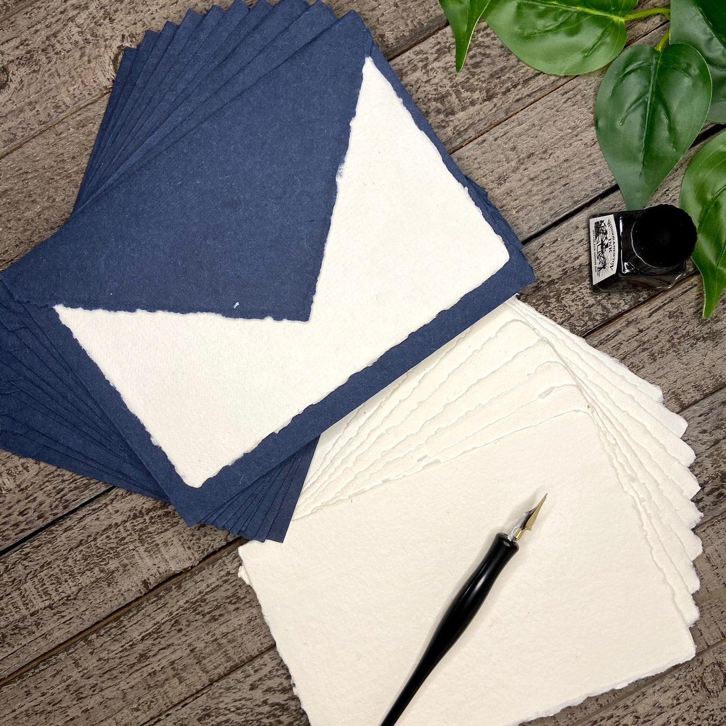 Indigo Wedding Invitation Set 20pcs - Handmade Cotton Paper & Envelopes, Deckle Edge, RSVP Cards, Save the Dates
