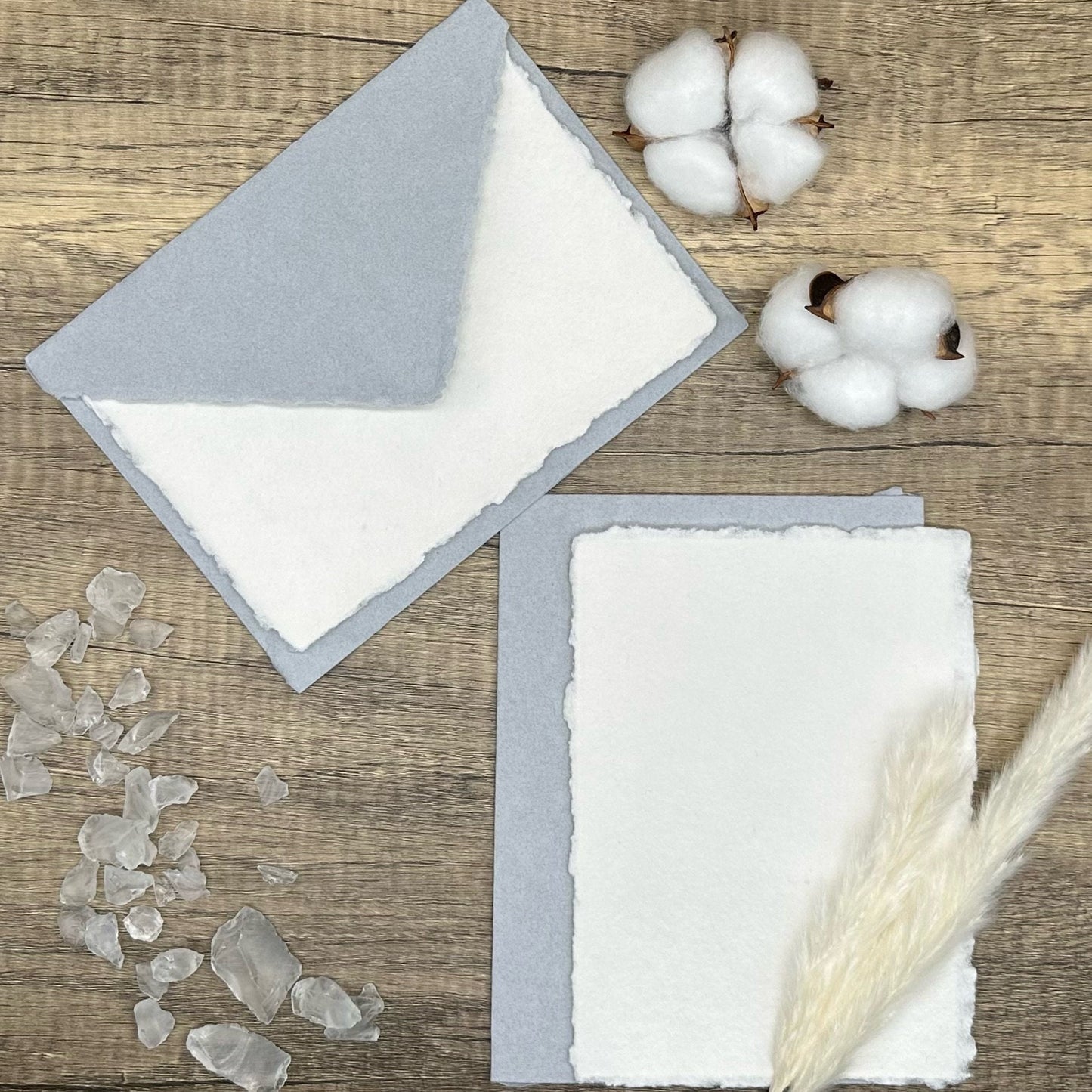 Silver Gray Wedding Invitation Set 20pcs - Handmade Cotton Paper & Envelopes, Deckle Edge, RSVP Cards, Save the Dates