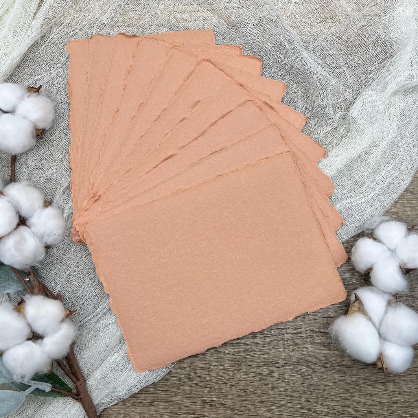Coral Peach Handmade Cotton Paper | Deckle Edge Paper 10 Sheets | 300gsm | Wedding, Art, Stationery | Torn Edge Paper | Cotton Rag