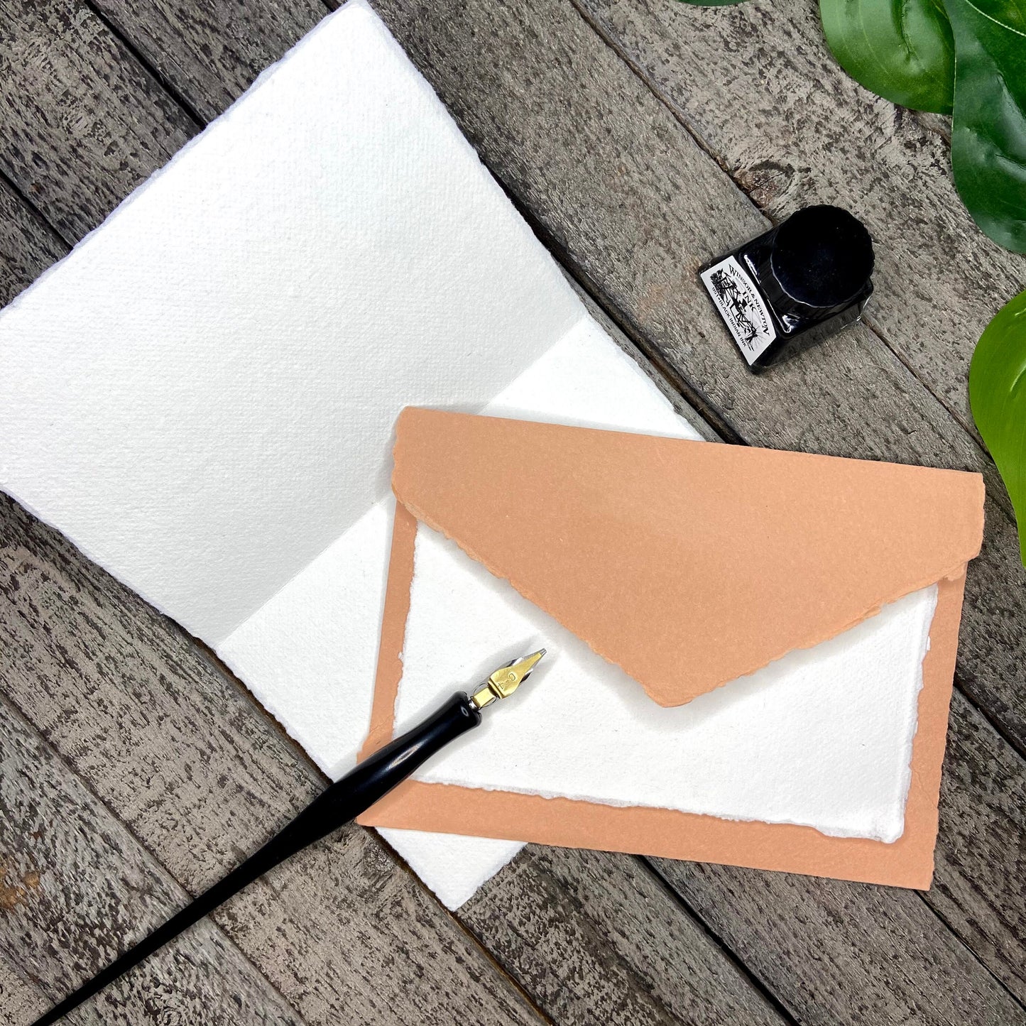 Coral Peach Stationery Set 20pcs - Handmade Cotton Paper & Envelopes, Deckle Edge, Calligraphy, Thank You Cards, RSVP, Letter Writing