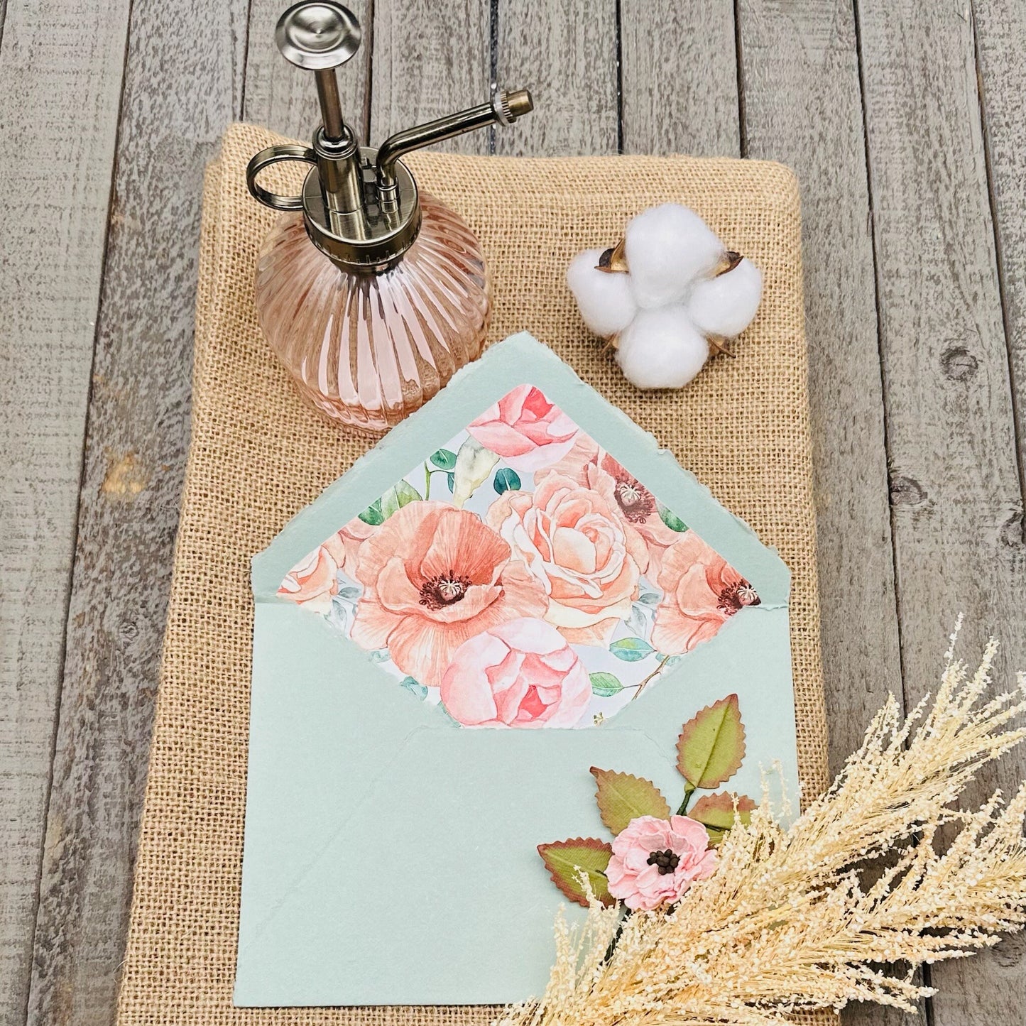Light Sage Green Wedding Invitation Set 20pcs - Handmade Cotton Paper & Envelopes, Deckle Edge, RSVP Cards, Save the Dates