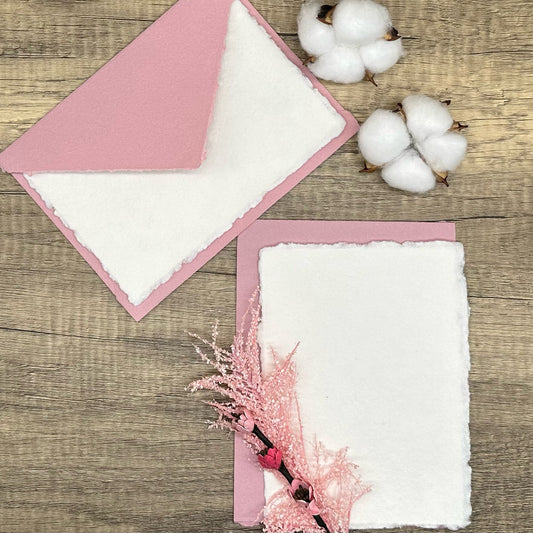 Cotton Candy Pink Wedding Invitation Set 20pcs - Handmade Cotton Paper & Envelopes, Deckle Edge, RSVP Cards, Save the Dates