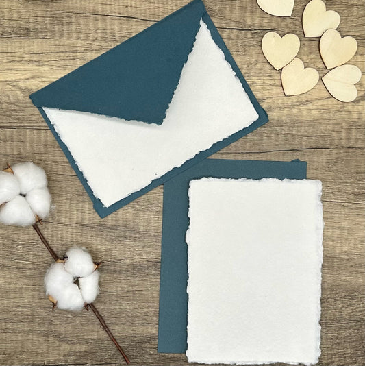 Smoky Blue Wedding Invitation Set 20pcs - Handmade Cotton Paper & Envelopes, Deckle Edge, RSVP Cards, Save the Dates