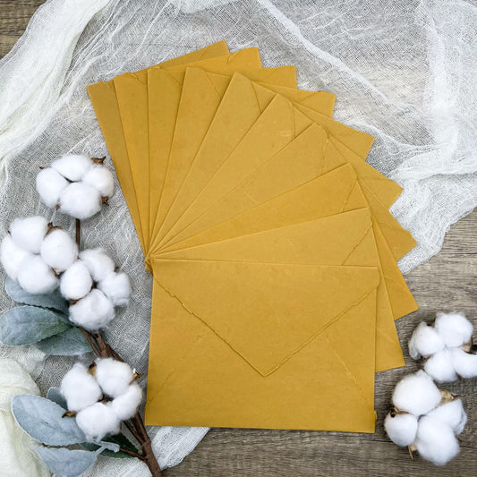 10 Honey Gold Handmade Cotton Deckle Edge Envelopes | Cotton Rag Paper | Torn Edge Stationery for Invitations, Announcements, Wedding, RSVP