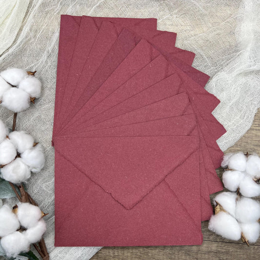 10 Wine Red Handmade Cotton Deckle Edge Envelopes | Cotton Rag Paper | Torn Edge Stationery for Invitations, Announcements, Wedding, RSVP