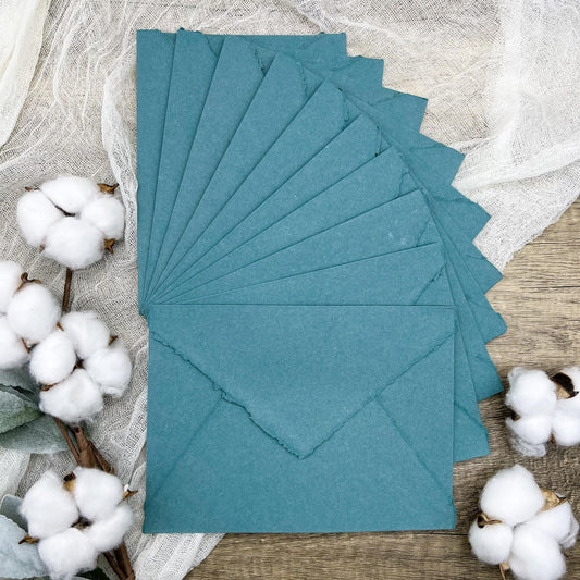 10 Teal Handmade Cotton Deckle Edge Envelopes | Cotton Rag Paper | Torn Edge Stationery for Invitations, Announcements, Wedding, RSVP