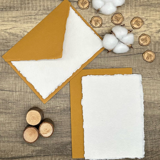Honey Gold Wedding Invitation Set 20pcs - Handmade Cotton Paper & Envelopes, Deckle Edge, RSVP Cards, Save the Dates