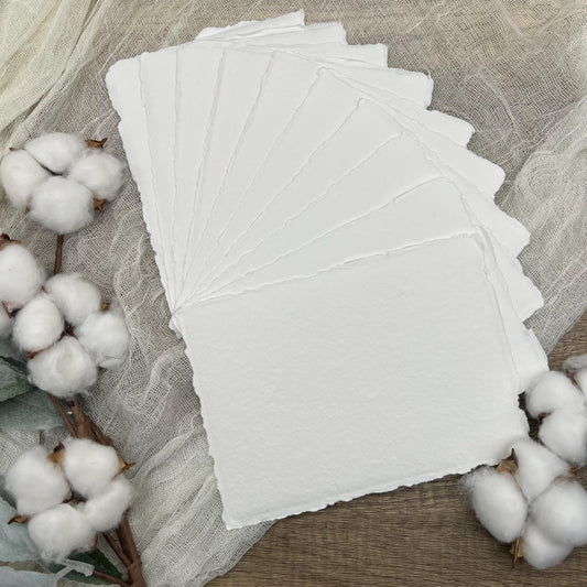 White Handmade Cotton Paper – 10 Deckle Edge Sheets for Wedding Invitations, Art, Printing & More