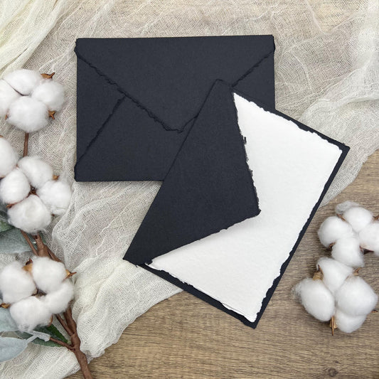 Black Wedding Invitation Set 20pcs - Handmade Cotton Paper & Envelopes, Deckle Edge, RSVP Cards, Save the Dates