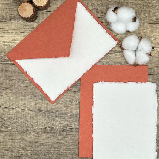 Terra Cotta Wedding Invitation Set 20pcs - Handmade Cotton Paper & Envelopes, Deckle Edge, RSVP Cards, Save the Dates