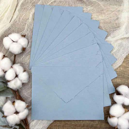 10 Sky Blue Handmade Cotton Deckle Edge Envelopes | Cotton Rag Paper | Torn Edge Stationery for Invitations, Announcements, Wedding, RSVP