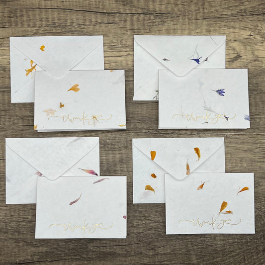 12 Piece Handmade  Flower Petal Cotton Paper Thank You Card Set - Gold Embossed, RSVP Size, Variety Pack
