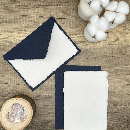 Indigo Wedding Invitation Set 20pcs - Handmade Cotton Paper & Envelopes, Deckle Edge, RSVP Cards, Save the Dates