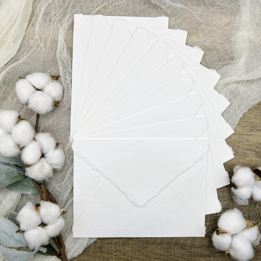 10 White Handmade Cotton Deckle Edge Envelopes | Cotton Rag Paper | Torn Edge Stationery for Invitations, Announcements, Wedding, RSVP