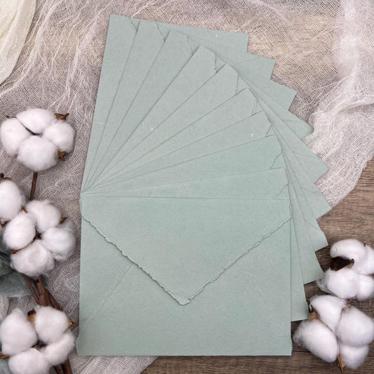 10 Light Sage Handmade Cotton Deckle Edge Envelopes | Cotton Rag Paper | Torn Edge Stationery for Invitations, Announcements, Wedding, RSVP