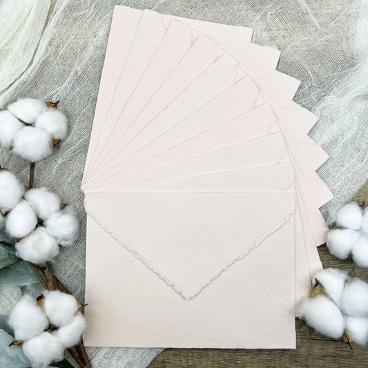 10 Nude Pink Handmade Cotton Deckle Edge Envelopes | Cotton Rag Paper | Torn Edge Stationery for Invitations, Announcements, Wedding, RSVP