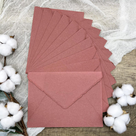 10 Brick Red Handmade Cotton Deckle Edge Envelopes | Cotton Rag Paper | Torn Edge Stationery for Invitations, Announcements, Wedding, RSVP