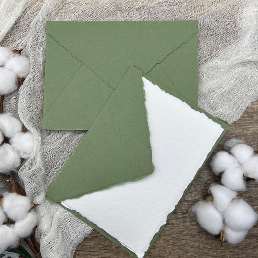 Desert Sage Green Stationery Set 20pcs - Handmade Cotton Paper & Envelopes, Deckle Edge, Calligraphy, Thank You Cards, RSVP, Letter Writing